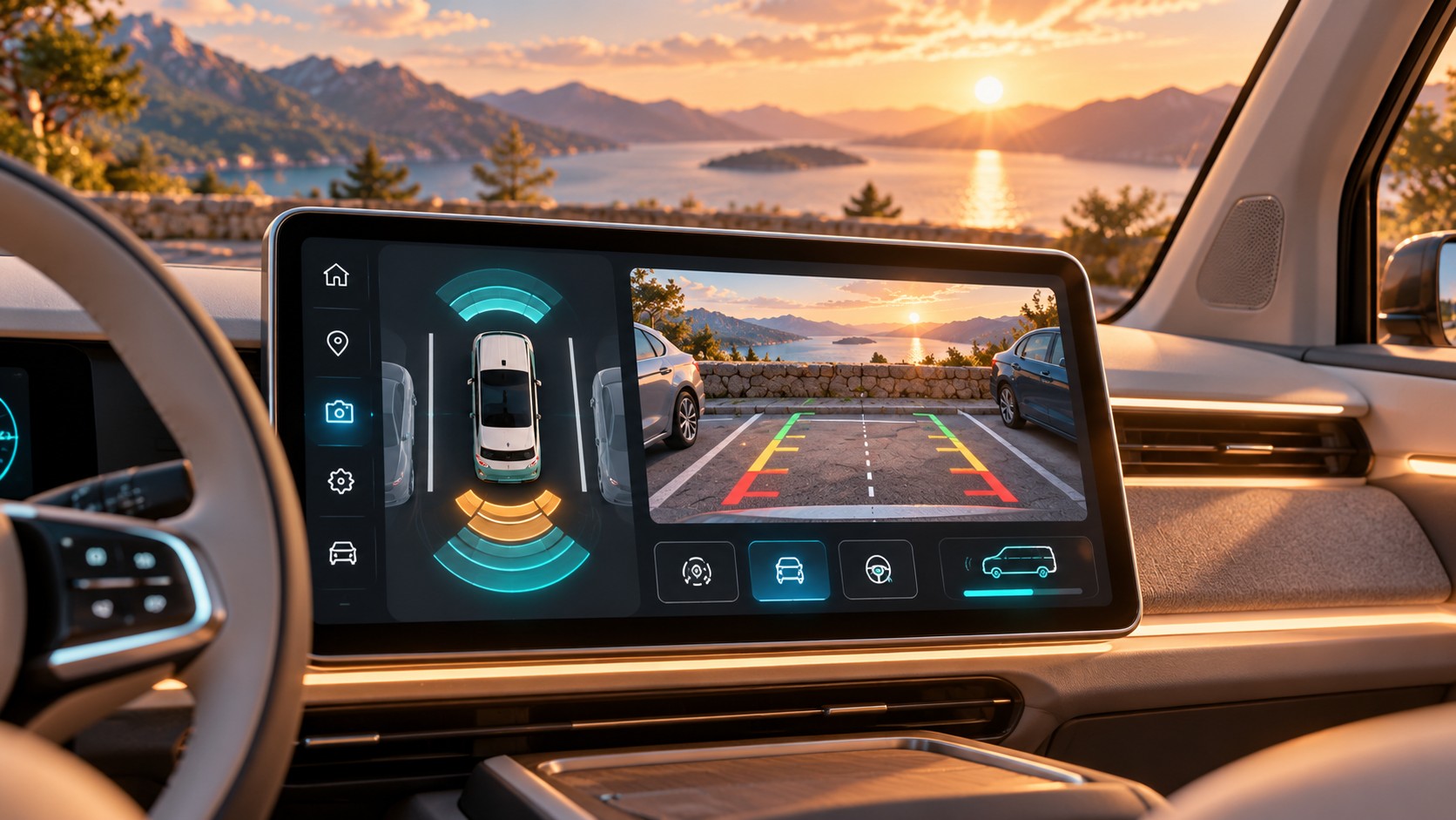 Parksensor- und Rückfahransicht in einem futuristischen Van-Cockpit