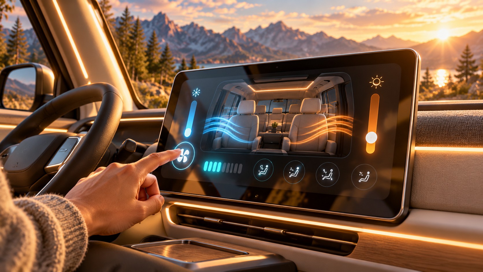 Futuristische Klimabedienung auf großem Touchscreen im Van-Innenraum
