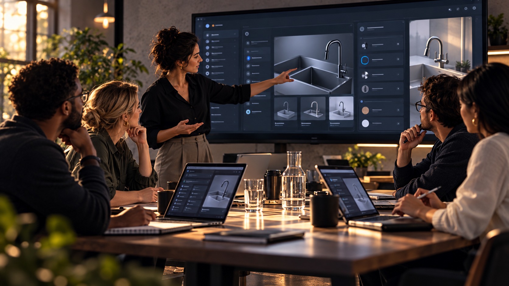 Diverse product team during a heavy-user review with a presentation on a large screen