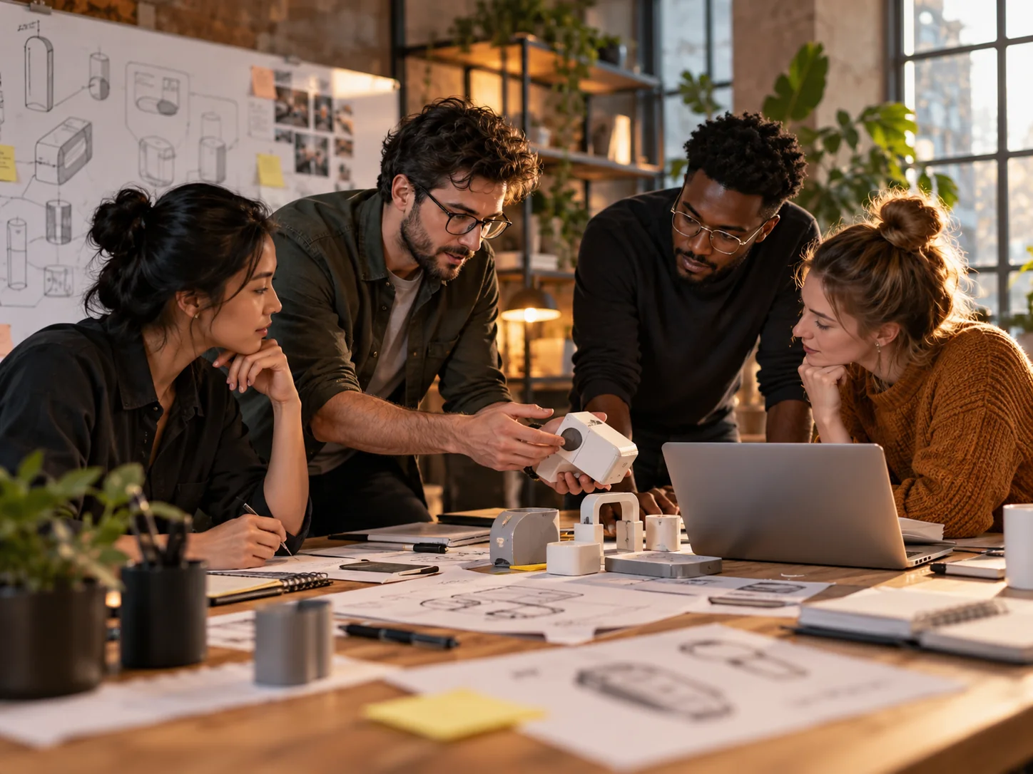 A cross-functional team prototyping together: learning accelerates when new skills are acquired in the context of a real problem.