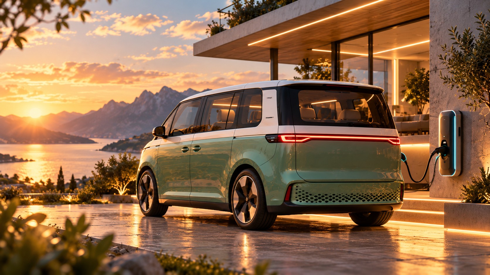 Futuristischer elektrischer Van an moderner Architektur beim Laden
