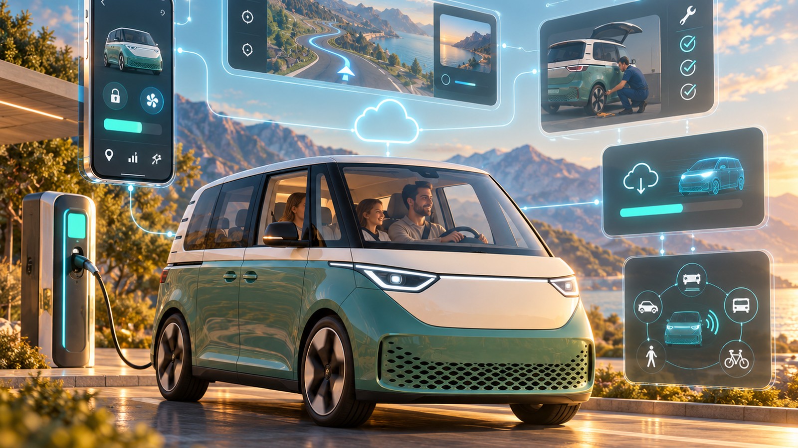 Connected VW ID. Buzz while charging — vehicle, app, navigation and software as one integrated system